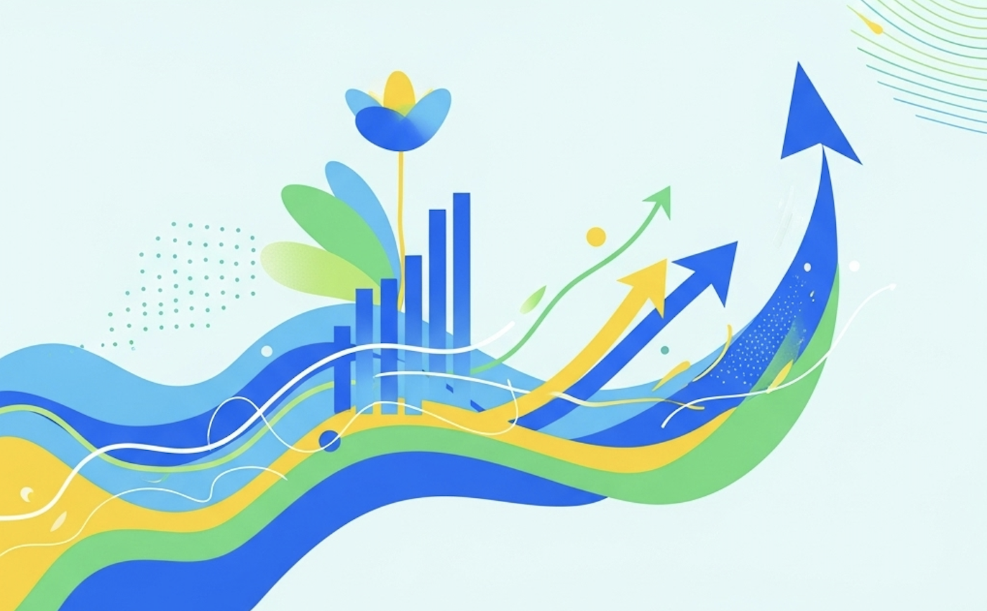 Abstract illustration showing growth and progress with upward arrows, charts, and flowing waves in blue, green, and yellow colors representing career advancement and positive impact